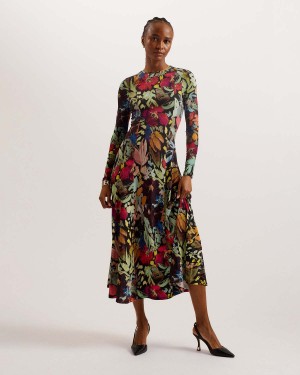 Ted Baker ALEXANN Printed Long Sleeved Rochie Negrii | 471IKDNUC