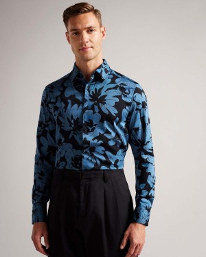 Ted Baker ALTLO LS Floral Print Shirt Mid-blue | 369HQUCOX