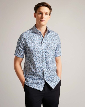 Ted Baker ASTUN SS Bumbac Stretch Geo Shirt Albastri | 257ANXWTC