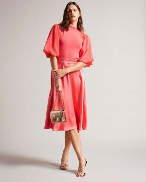 Ted Baker BRONTEI Puff Sleeve Fitted Bodice Midi Rochie Lt-Pink | 841KWYTBI