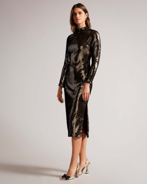 Ted Baker BROOKLY Sequin Tube Rochie with Long Fitted Sleeve Maro | 370UBFNWY