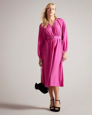 Ted Baker COMUS Midi Shirt Rochie with Gathered Neck Brt-pink | 074XOJTCS