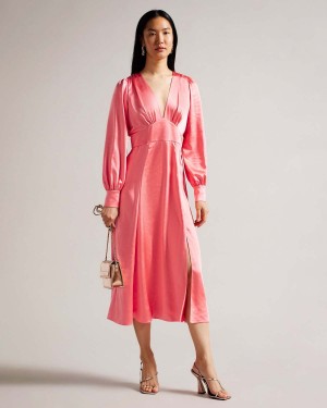 Ted Baker DANIIA Waisted Midi Rochie with Blouson Sleeve Corai | 186SPMRBO