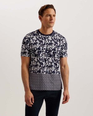 Ted Baker DODEMS SS Regular Printed T-Shirt Bleumarin | 681WGSLCF