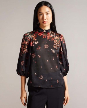 Ted Baker ERANTHE High Neck Balloon Sleeve Blouse Negrii | 408KMXWAC