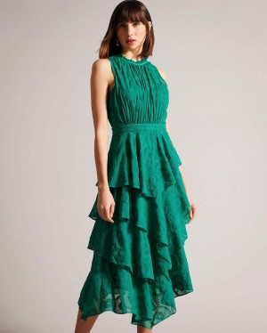 Ted Baker FLORYAH Embroidered Midi Rochie with Tiered Skirt Verzi | 815BTNHDP