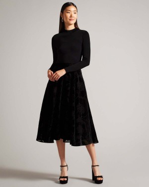 Ted Baker JULYIET Knit Bodice Velvet Midi Rochie Negrii | 761EFZBIX