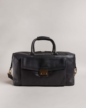 Ted Baker KALSIN Trunk Lock Piele Duffle Bag Negrii | 672ZKISCP