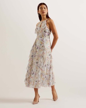 Ted Baker LAURIIN Halterneck Midi Rochie With Ruffles Albi | 374KZNFQM