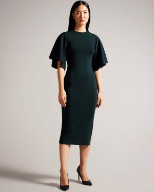 Ted Baker LOUNIA Fluted Sleeve Tricotate Bodycon Midi Rochie Verzi Inchis | 709NERZYI