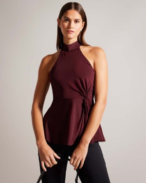 Ted Baker MALEAN Twisted Talie Halter Neck Top Wine | 634QIPSNX