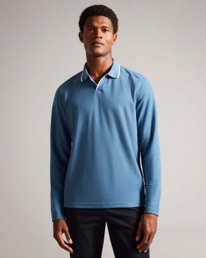 Ted Baker MASTE LS Regular Open Collar Polo Mid-blue | 365AKOTNY