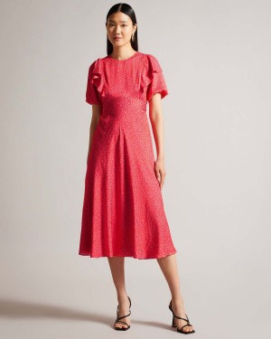 Ted Baker MAYYIA Puff Sleeve Ruffle Midi Rochie Fucsie | 297QKCSIP