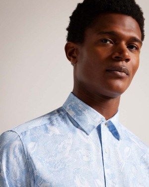 Ted Baker MULLEN LS Hand Drawn Bird Print Shirt Lt-Blue | 420GZQDIA