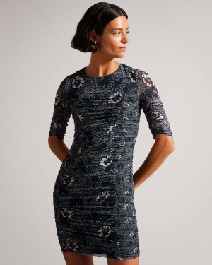 Ted Baker VELVIT Bodycon Rochie with Ruching and Ties Bleumarin | 380PETBSD