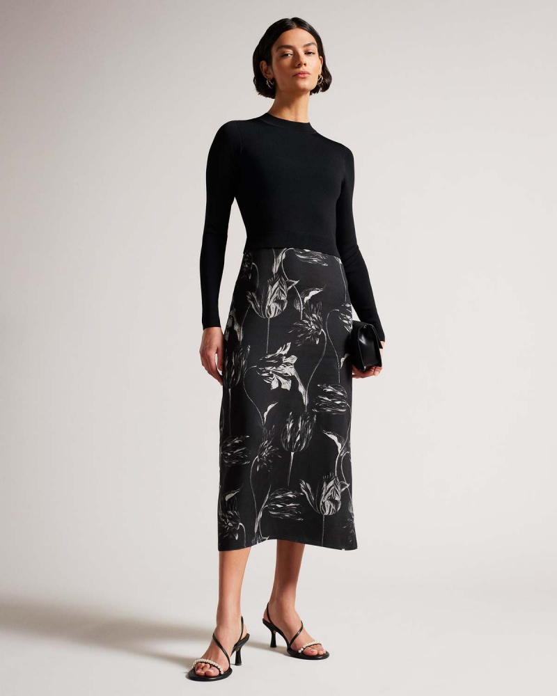 Ted Baker ALETTAA Knit Bodice Slip Skirt Rochie Negrii | 075IQHYRN