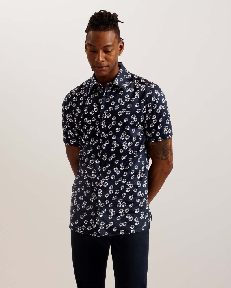 Ted Baker ALFANSO SS Bumbac Floral Shirt Bleumarin | 472VZSEYO