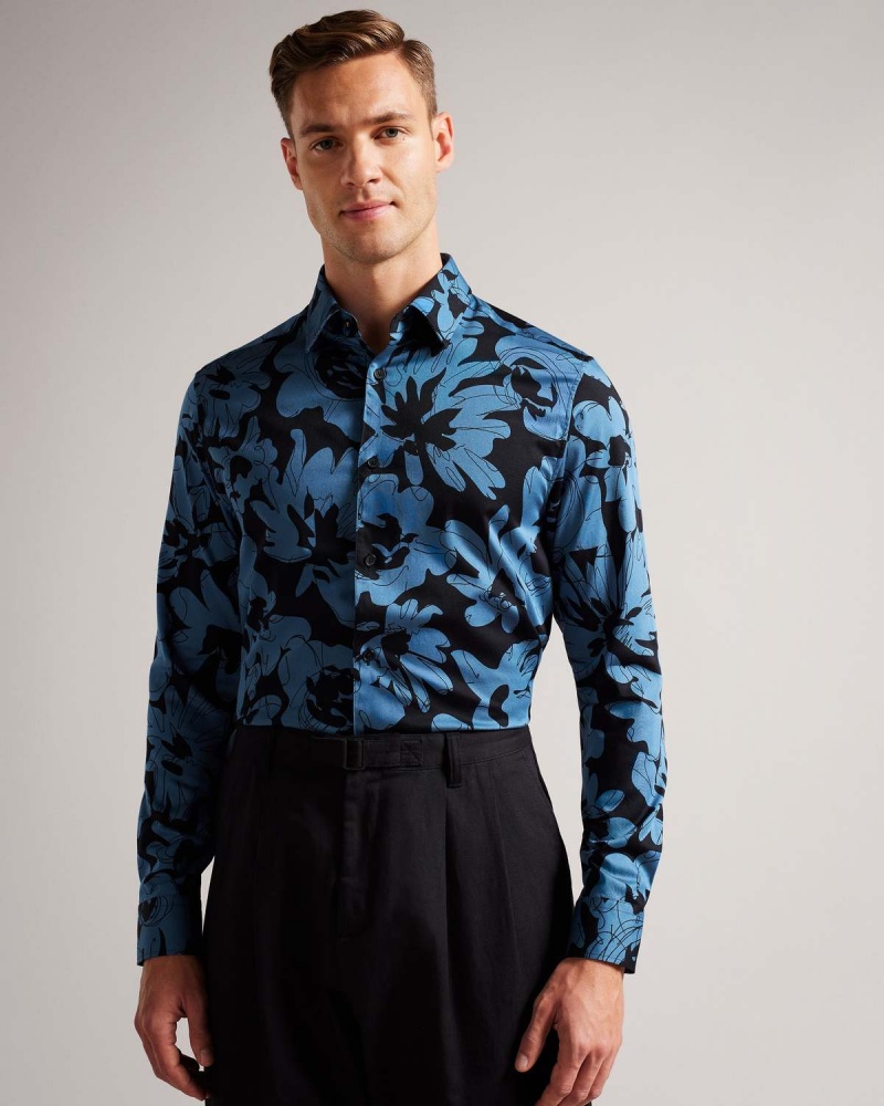 Ted Baker ALTLO LS Floral Print Shirt Mid-blue | 369HQUCOX