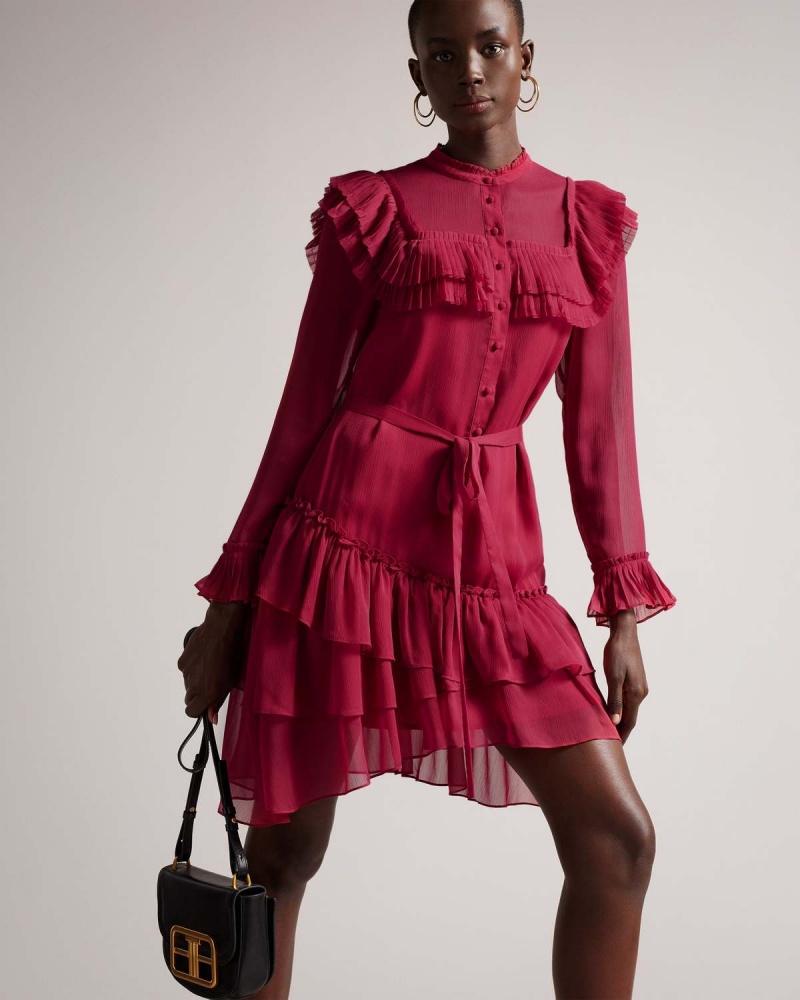 Ted Baker ANASTAI Ruffle Detail Mini Shirt Rochie Roz | 723EPZCVY