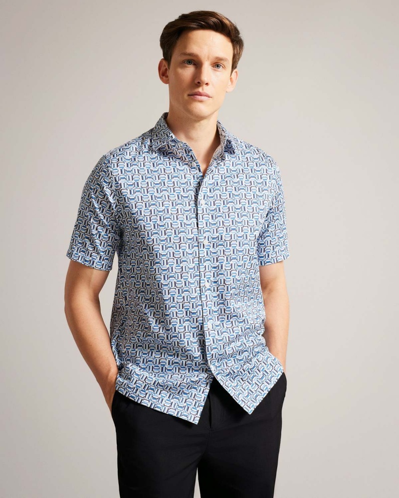 Ted Baker ASTUN SS Bumbac Stretch Geo Shirt Albastri | 257ANXWTC