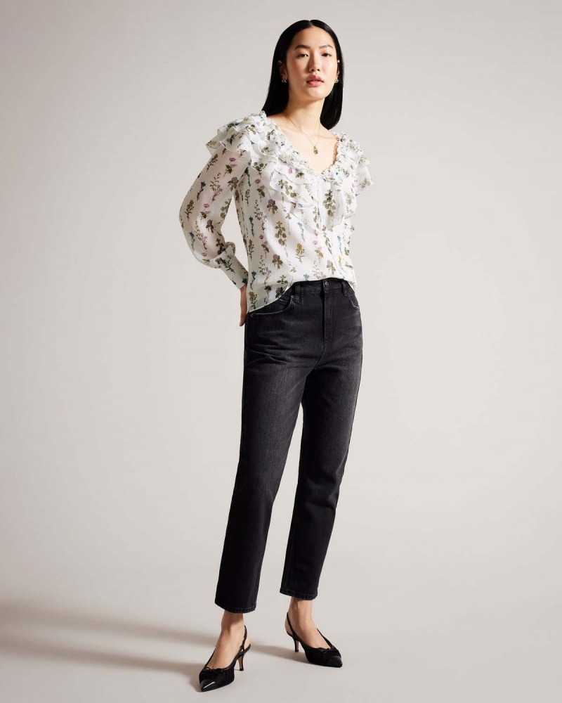 Ted Baker AVAROSE Frilled V Neck Blouse with Long Sleeves Albi | 196UJMFRW