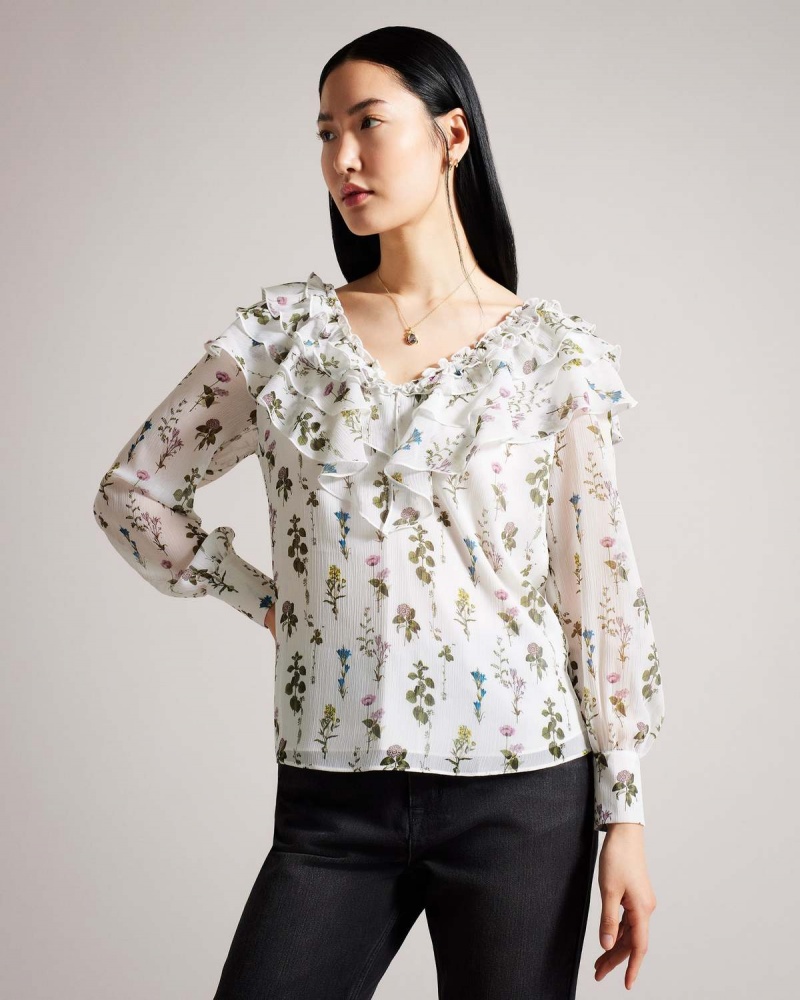 Ted Baker AVAROSE Frilled V Neck Blouse with Long Sleeves Albi | 196UJMFRW