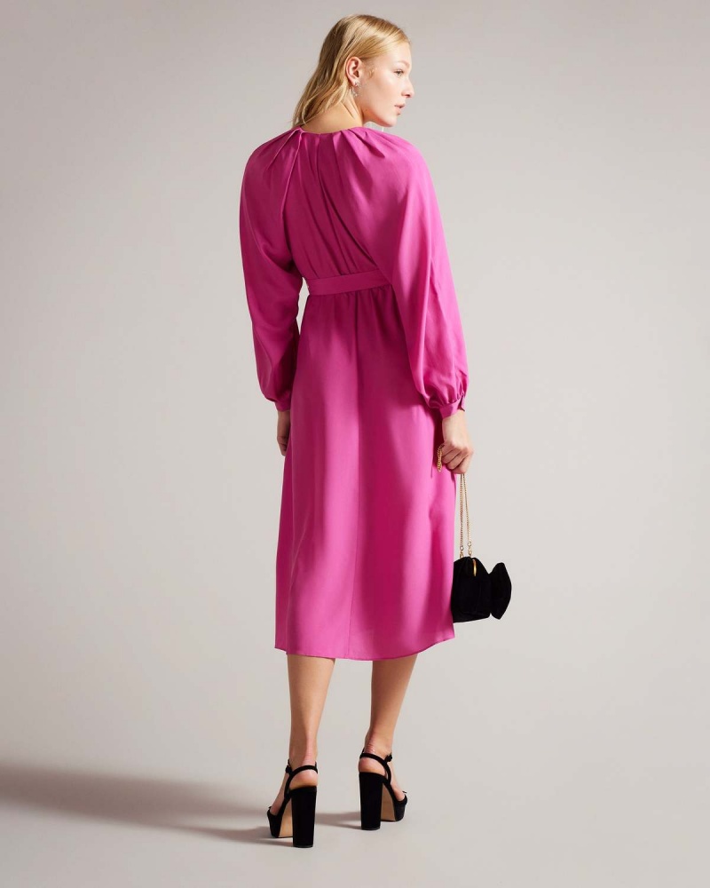 Ted Baker COMUS Midi Shirt Rochie with Gathered Neck Brt-pink | 074XOJTCS