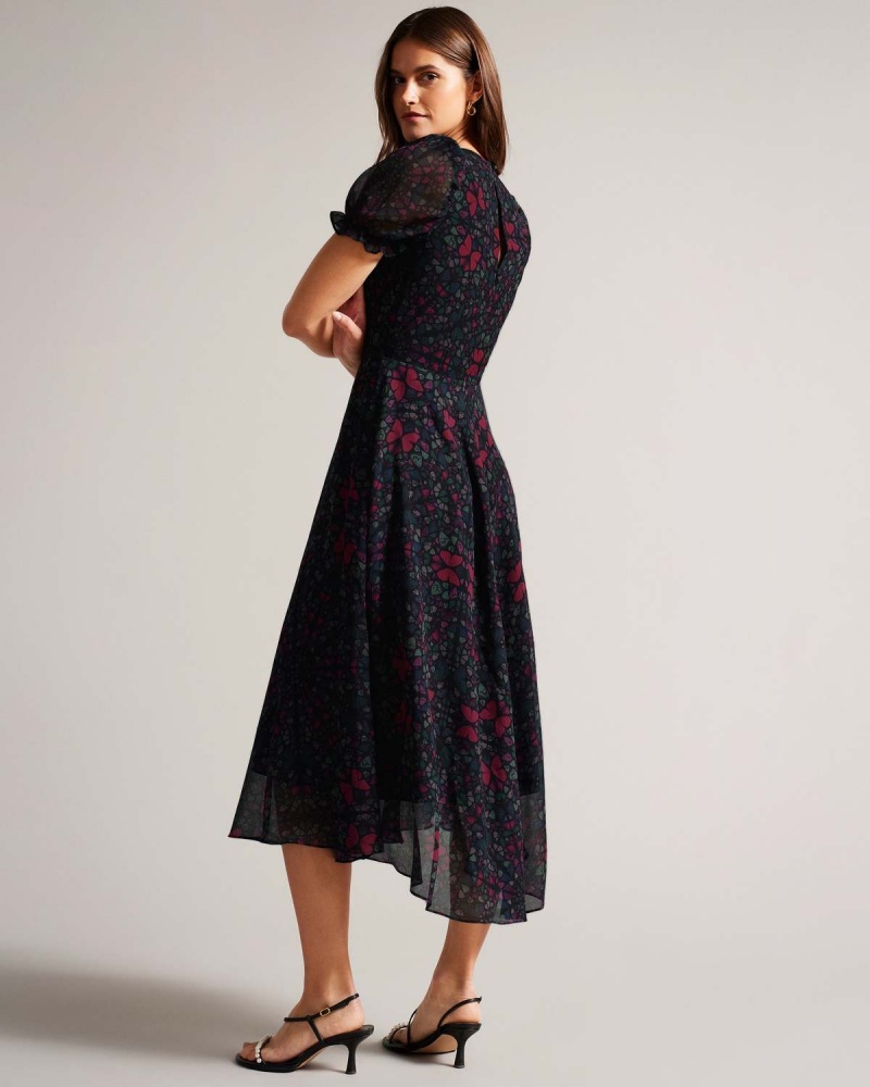 Ted Baker DANIAA Graduated Midi Rochie with Ruched Puff Sleeve Negrii | 127HVTSXB