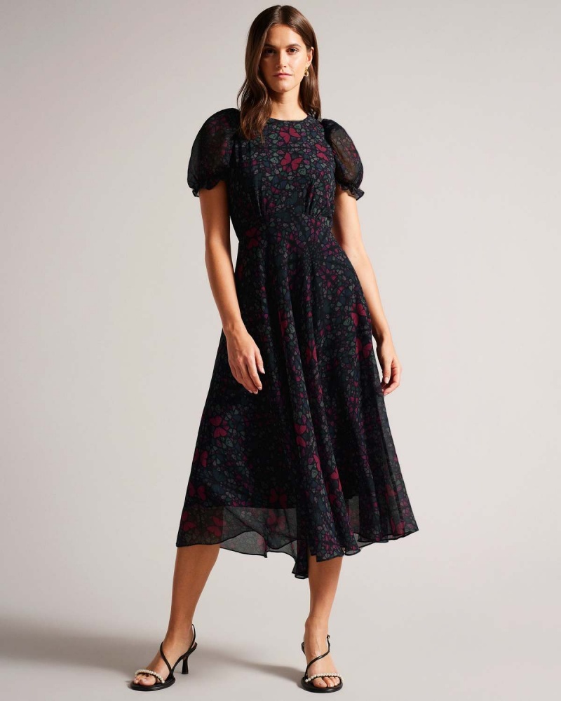 Ted Baker DANIAA Graduated Midi Rochie with Ruched Puff Sleeve Negrii | 127HVTSXB