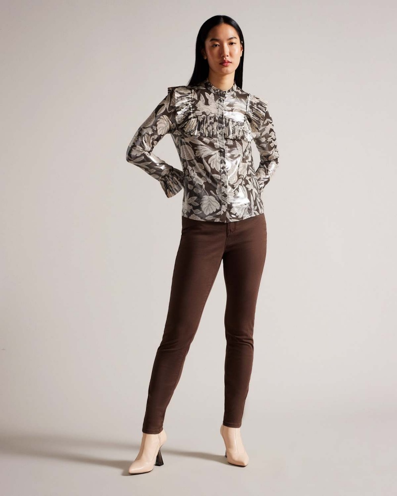 Ted Baker DOTTIAH Blouse with Ruffle Bib Detail Dk-brown | 164PYDTHU