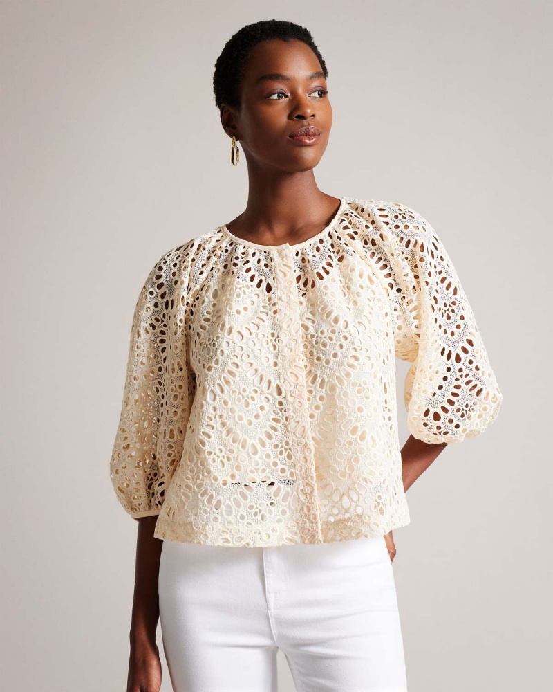 Ted Baker ELARAA Crochet Puff Sleeve Blouse Albi | 584EQHFWK