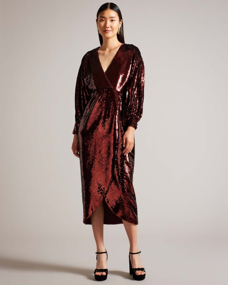 Ted Baker EMALEEE Plunge Neck Sequin Midi Rochie Wine | 174GPAWNF