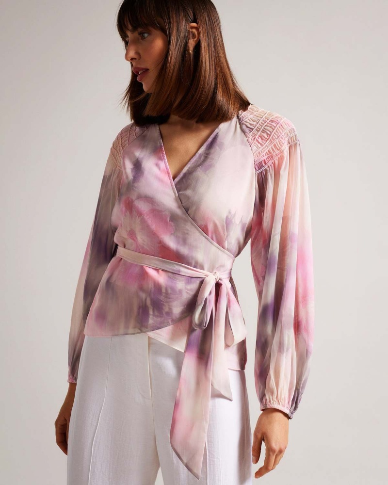 Ted Baker EMILIAH Wrap Blouse with Smocked Shoulder Corai | 018CBDLWT