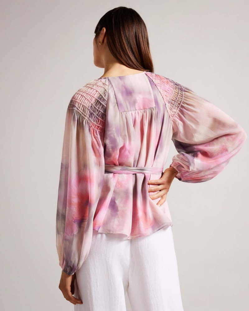 Ted Baker EMILIAH Wrap Blouse with Smocked Shoulder Corai | 018CBDLWT