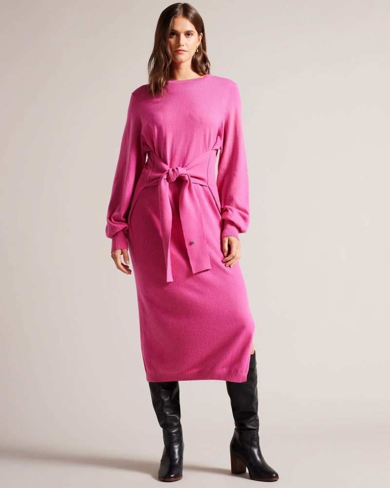 Ted Baker ESSYA Slouchy Tie Front Midi Knit Rochie Brt-pink | 143DKNOLP