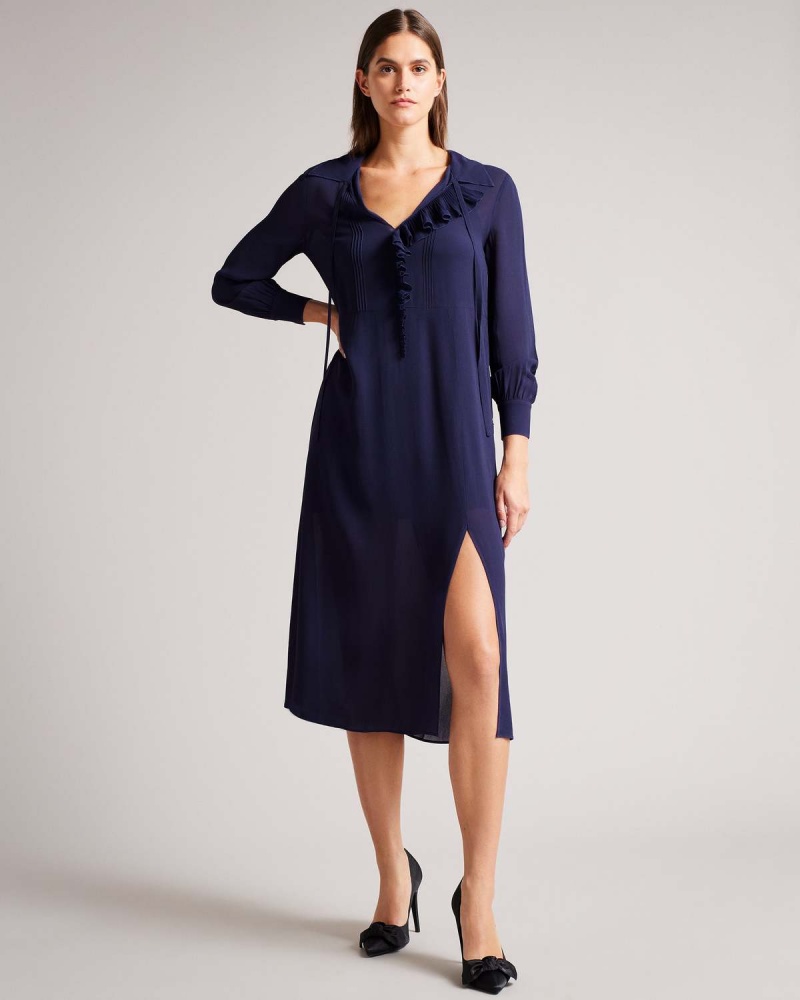 Ted Baker FAITHIY Asymmetric Ruffle Midi Skirt Rochie Bleumarin | 873NAMZLS