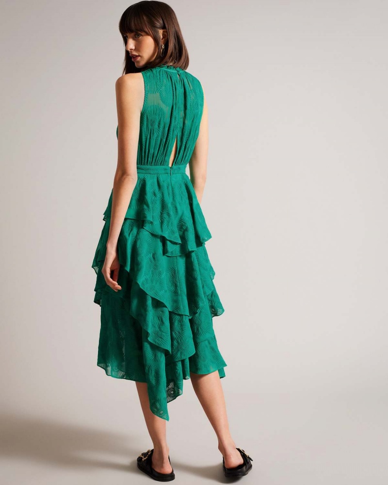 Ted Baker FLORYAH Embroidered Midi Rochie with Tiered Skirt Verzi | 815BTNHDP