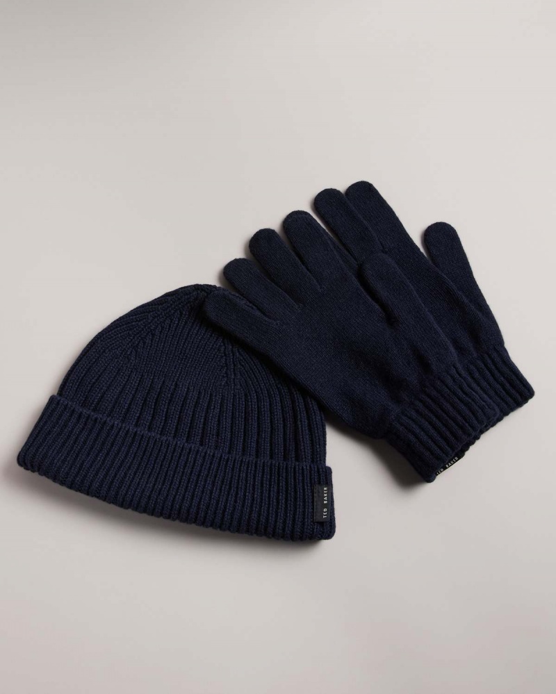 Ted Baker FRAIRS Rib Stitched Hat and Glove Gift Set Bleumarin | 049WZYNME