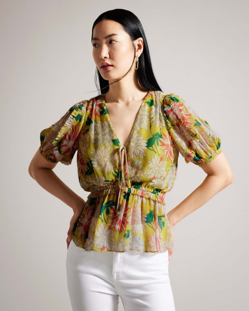 Ted Baker GABBYIE Puff Sleeve Top with Ruffle Detailing Mid-yell | 907FPHXOT