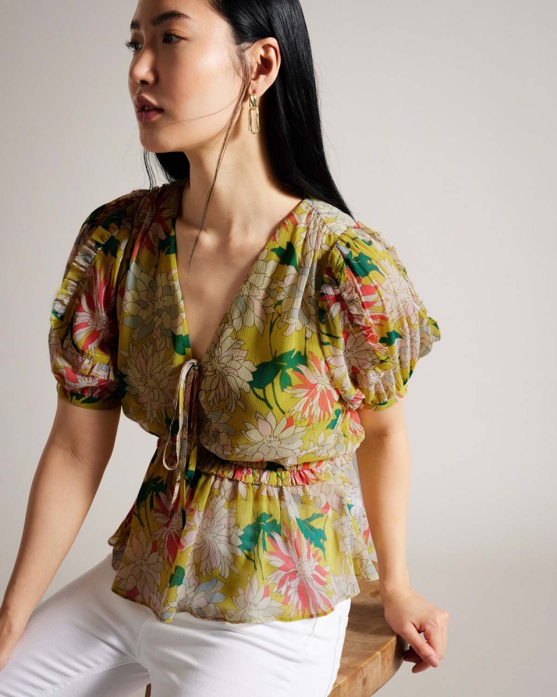 Ted Baker GABBYIE Puff Sleeve Top with Ruffle Detailing Mid-yell | 907FPHXOT