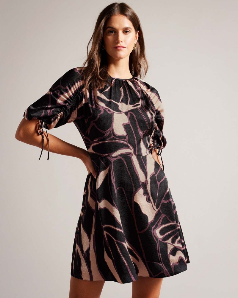 Ted Baker GILLIAA Printed Mini Fit and Flare with Puff Sleeve Negrii | 574XOVTWU