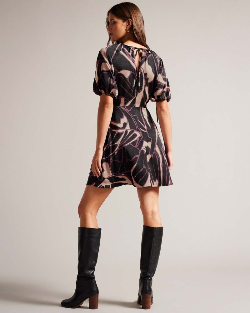 Ted Baker GILLIAA Printed Mini Fit and Flare with Puff Sleeve Negrii | 574XOVTWU