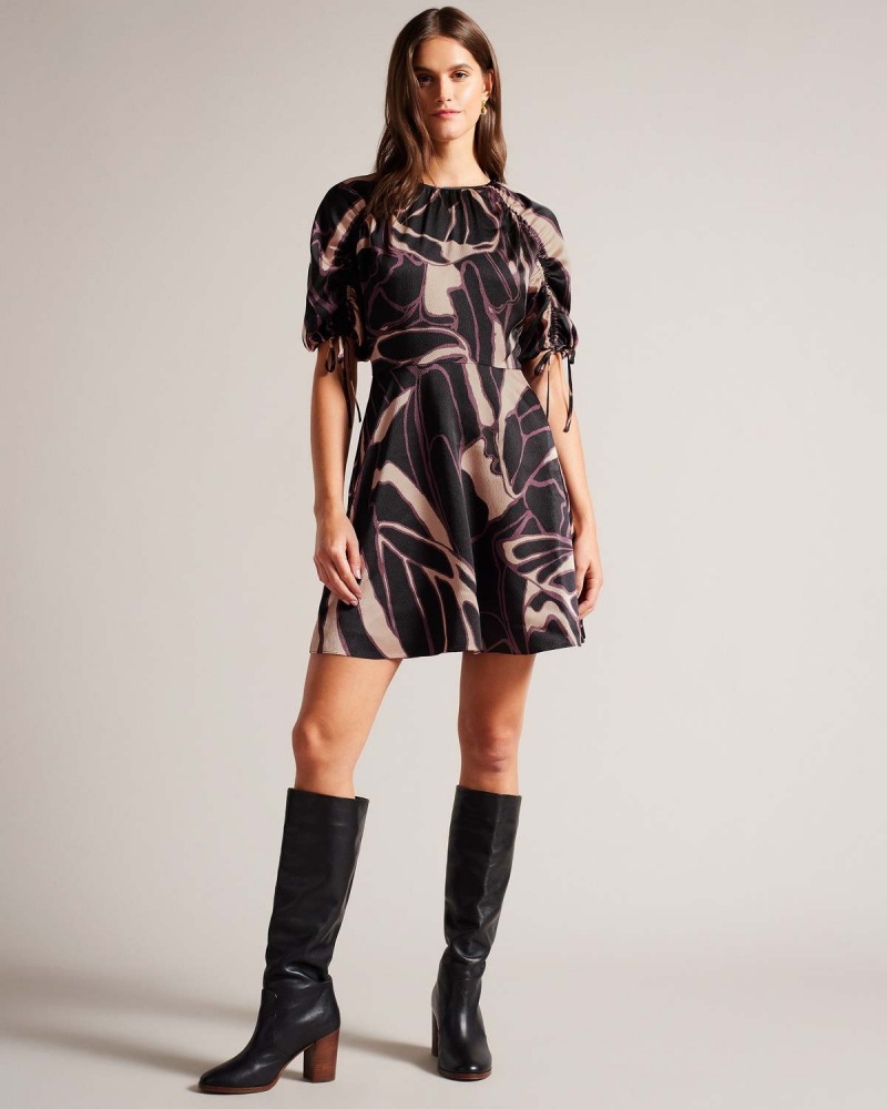 Ted Baker GILLIAA Printed Mini Fit and Flare with Puff Sleeve Negrii | 574XOVTWU