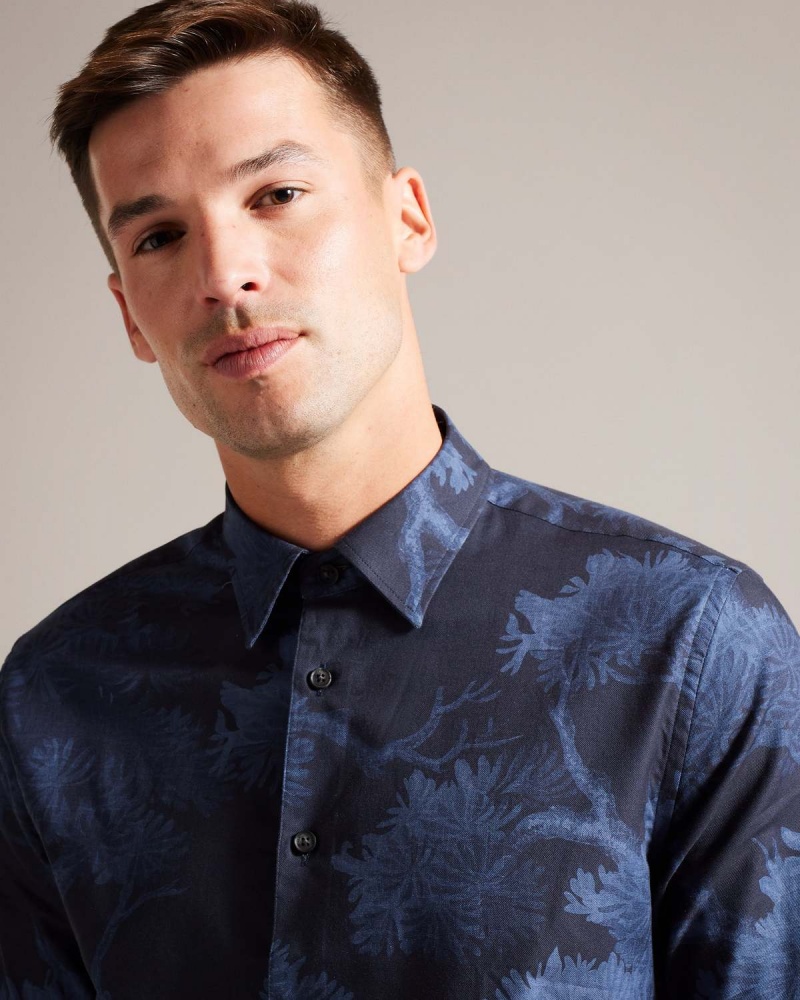 Ted Baker GOXHILL LS Tree Print Shirt Dk-Blue | 643AUIBPC