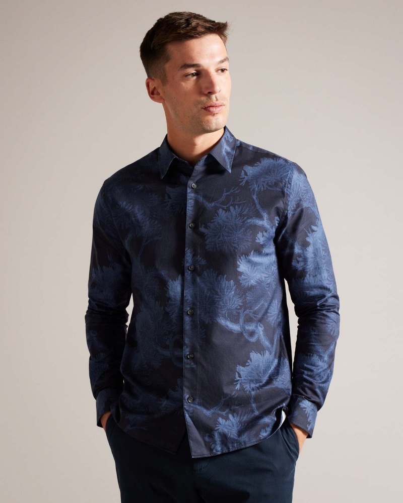 Ted Baker GOXHILL LS Tree Print Shirt Dk-Blue | 643AUIBPC