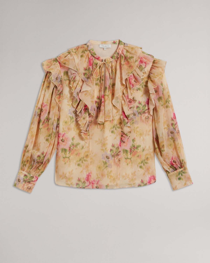 Ted Baker HELENOH Ruffle Detail Shirt with Neck Tie Tan | 672PDXYBZ