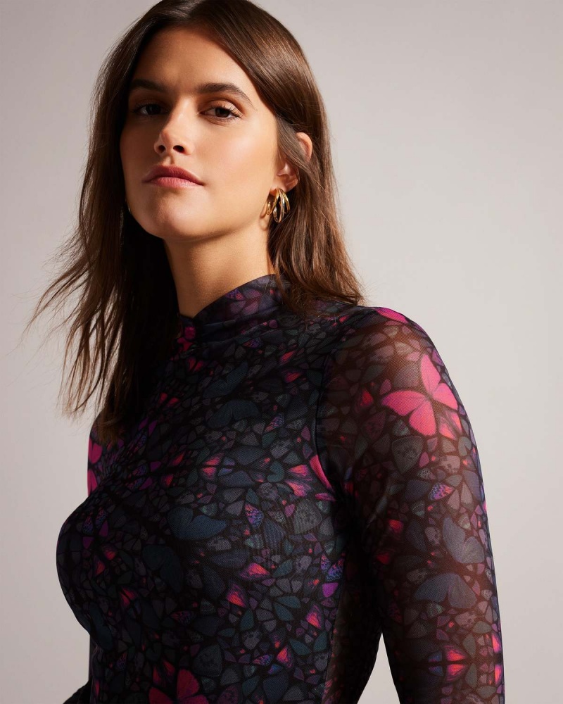 Ted Baker KAMILL Mesh Fitted Top with High Neck Negrii | 927HKWQPT