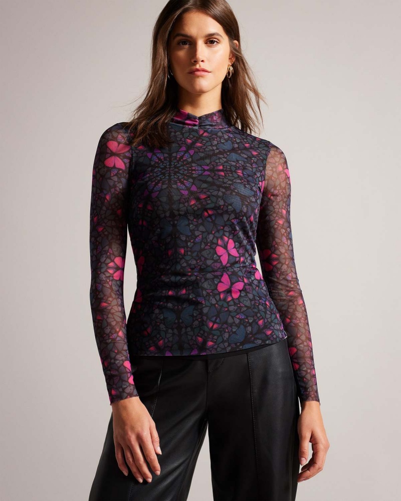 Ted Baker KAMILL Mesh Fitted Top with High Neck Negrii | 927HKWQPT