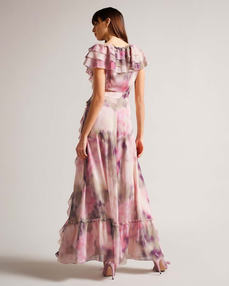 Ted Baker KARENIE Frilled Fara Maneci V Neck Maxi Rochie Corai | 860KBZUTV