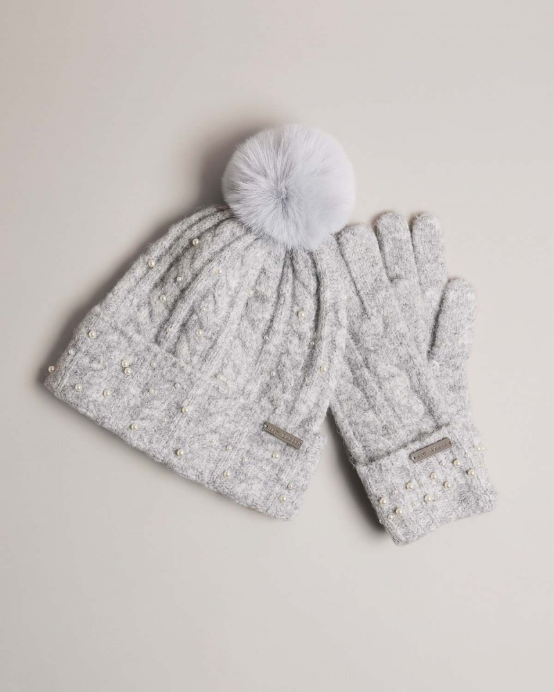 Ted Baker KERRIIE Bobble Hat And Glove Gift Set Gri | 423PLWJSD